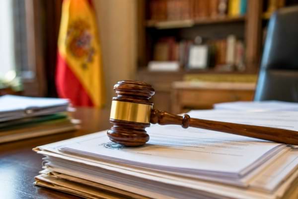 Un marteau de juge en bois posé sur une pile de documents juridiques