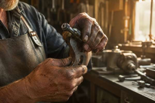 mains robustes et tachées de cambouis, tenant fermement un outil en métal.