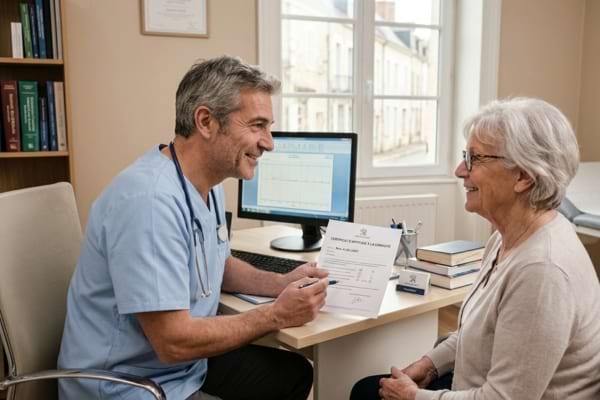 Un m&eacute;decin g&eacute;n&eacute;raliste bienveillant dans son cabinet, en train de discuter avec une patiente senior