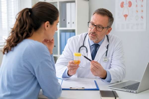 Un médecin devant une patiente avec une fiole d'urine