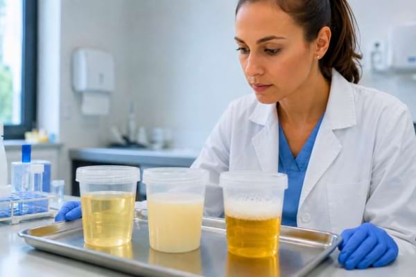 Une médecin qui regarde des fioles d'urine