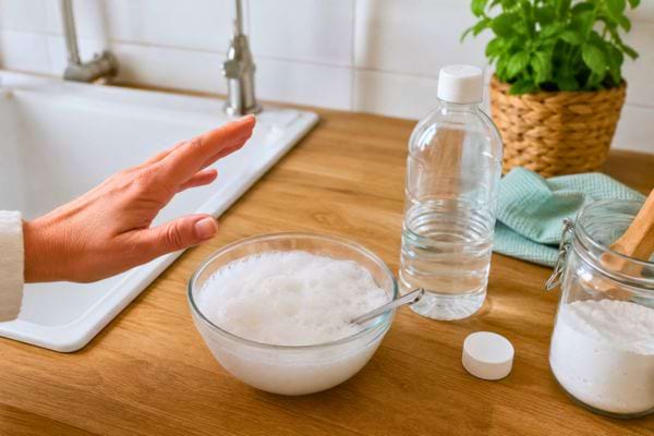 Bol de bicarbonate et vinaigre qui mousse sur un plan de travail.