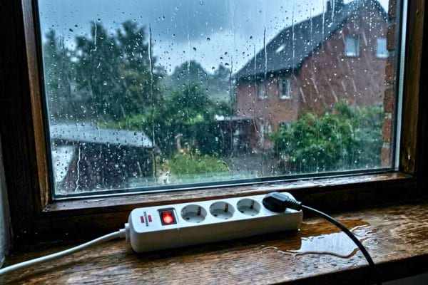 une multiprise blanche pos&eacute;e sur le rebord int&eacute;rieur d'une fen&ecirc;tre en bois