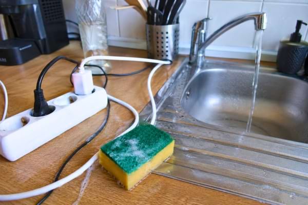 Une multiprise est pos&eacute;e sur la table de la cuisine, tr&egrave;s pr&egrave;s d'un &eacute;vier o&ugrave; coule de l'eau