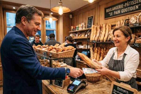 A customer is paying with a smartwatch over a payment terminal