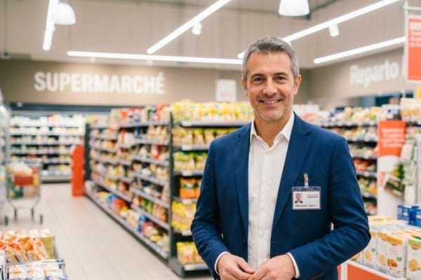 confident supermarket manager standing in the aisles,