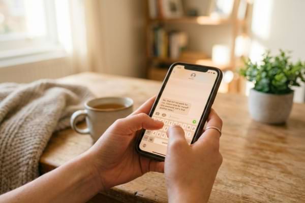 deux mains tenant un smartphone, tapant un message avec d&eacute;termination
