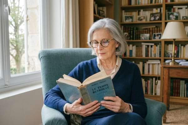 ne personne &acirc;g&eacute;e &eacute;l&eacute;gante lisant un livre avec de belles lunettes de vue