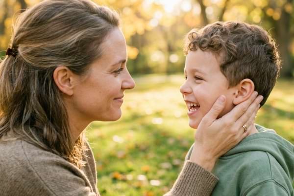 profil d'un enfant d'environ 6 ans, riant franchement, sa mère le regardant avec tendresse.