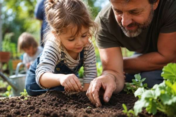 mains d'un parent et d'un enfant plantant des graines ensemble dans la terre