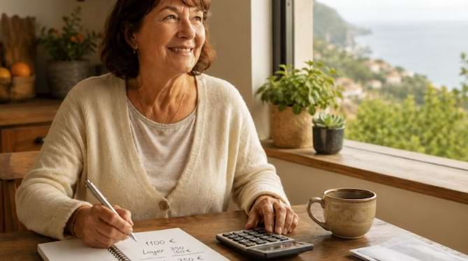 Retraitée calculant son budget logement à table avec un carnet,