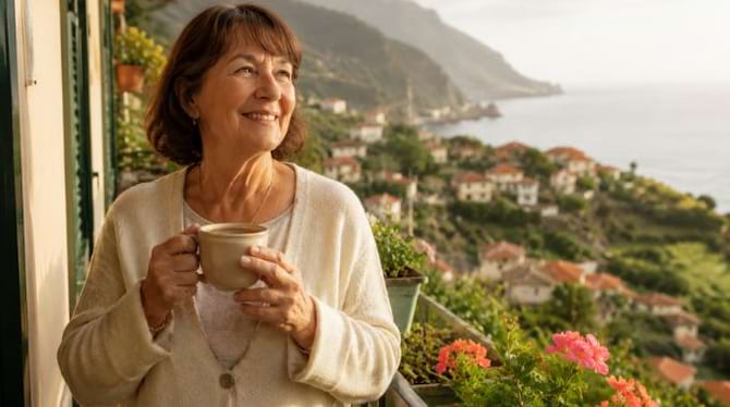 Femme retraitée souriante sur un balcon à Madère avec vue sur l’océan