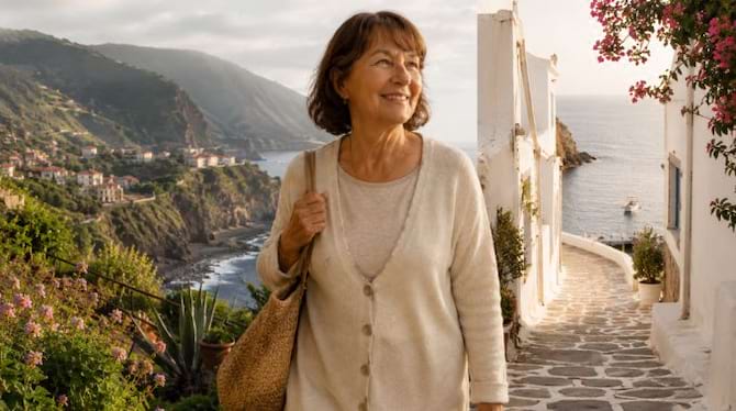 Femme retraitée marchant entre paysages de Madère et ruelles grecques