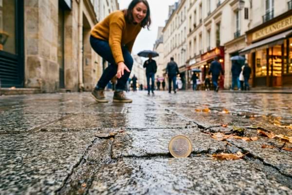 Une femme qui voit une pi&egrave;ce de 1 euros par terre
