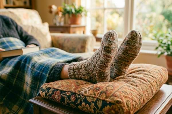 des pieds d'une personne &acirc;g&eacute;e reposant sur un coussin sur&eacute;lev&eacute;, recouverts de chaussettes