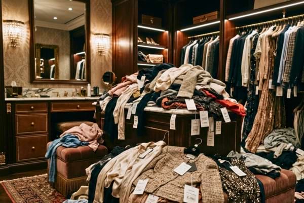 Un dressing luxueux mais d&eacute;bordant de v&ecirc;tements froiss&eacute;s, avec de nombreuses &eacute;tiquettes de prix