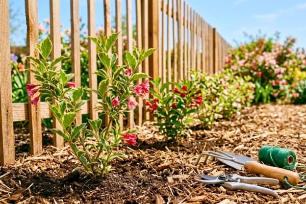 jeunes arbustes feuillus plant&eacute;s en ligne le long d'une jolie cl&ocirc;ture de jardin