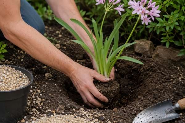 Jardinier plantant une agapanthe rose dans une terre drain&eacute;e avec des graviers.