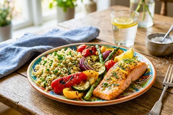 une belle assiette color&eacute;e avec des l&eacute;gumes grill&eacute;s, du quinoa et du saumon