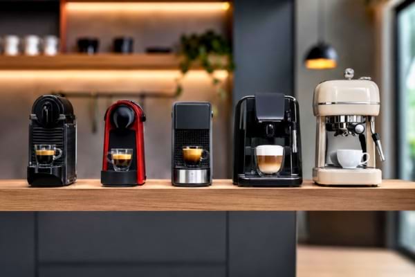 cinq petites machines &agrave; caf&eacute; de marques diff&eacute;rentes align&eacute;es sur une &eacute;tag&egrave;re de cuisine