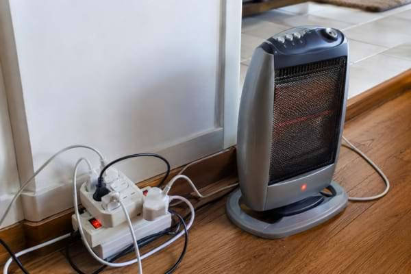 multiprises branch&eacute;es l'une sur l'autre sur le sol en bois d'une maison