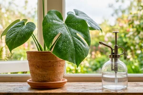 un vaporisateur transparent rempli d'eau pos&eacute; &agrave; c&ocirc;t&eacute; d'une plante verte d'int&eacute;rieur &eacute;clatante de sant&eacute;
