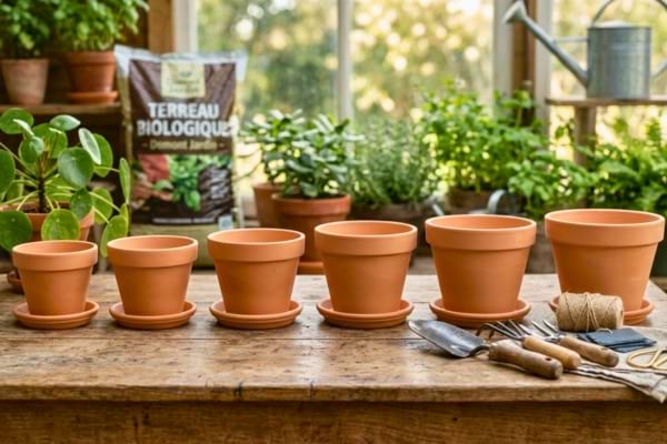  plusieurs pots en terre cuite parfaitement propres et align&eacute;s sur une table de rempotage