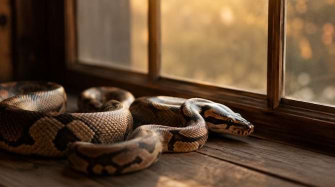 Serpent près d’une fenêtre au coucher du soleil dans une maison