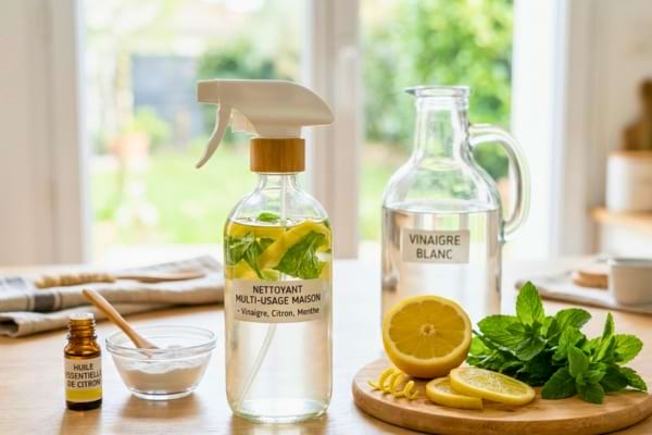flacon pulv&eacute;risateur transparent, vinaigre blanc, feuilles de menthe fra&icirc;che et citron sur une table