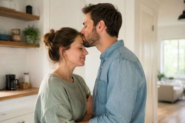 Homme embrassant tendrement une femme sur le front dans une cuisine