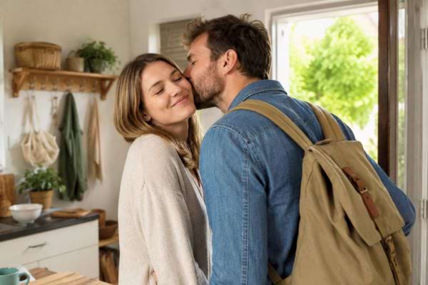 Homme embrassant une femme sur la joue avant de partir
