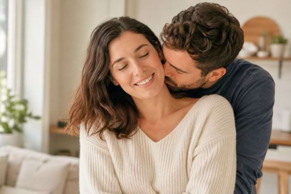 Homme embrassant une femme dans le cou avec tendresse