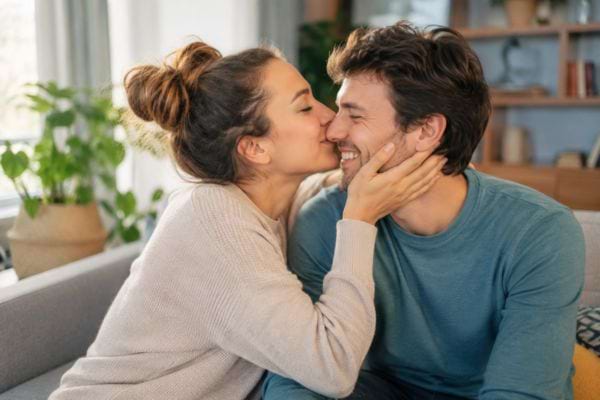 Femme embrassant un homme sur la joue dans un salon