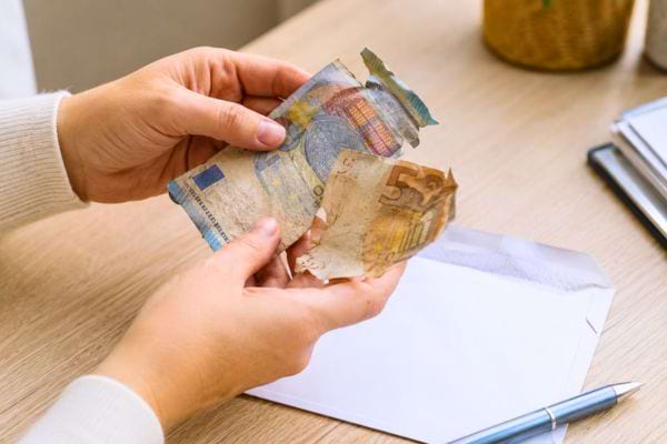 Main tenant des billets ab&icirc;m&eacute;s au-dessus d&rsquo;une enveloppe