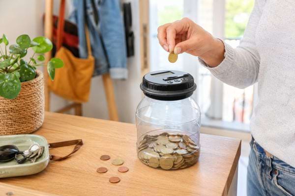 Personne mettant une pi&egrave;ce dans un bocal rempli de monnaie