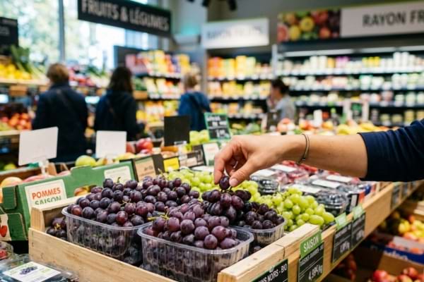 Une main s'approche pour attraper un grain de raisin sur un étalage de supermarché