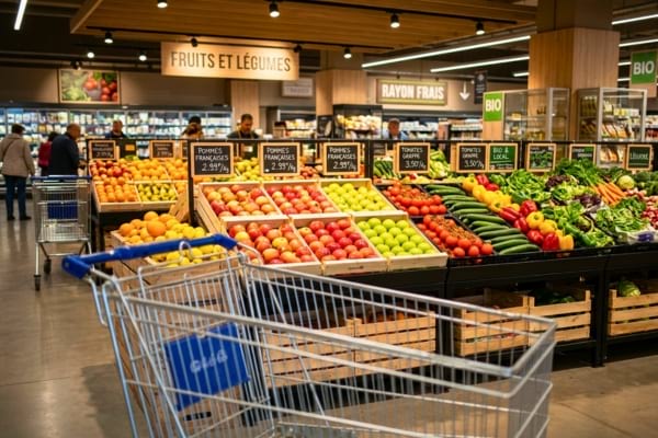 perfectly illuminated fresh produce section in a modern French supermarket