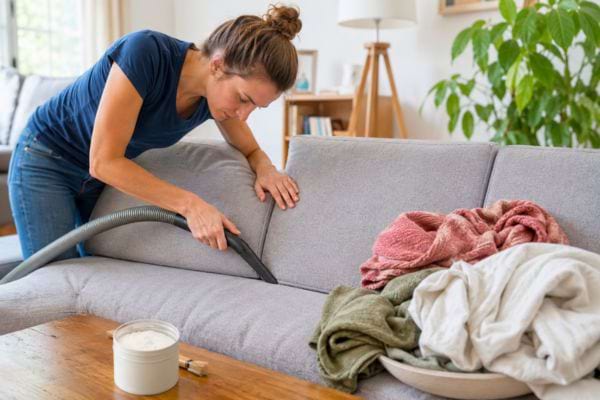 Femme aspirant les recoins d&rsquo;un canap&eacute; contre les punaises de lit.