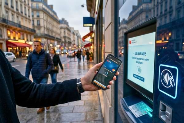 a person tapping their sleek smartphone against the glowing NFC symbol of a futuristic ATM