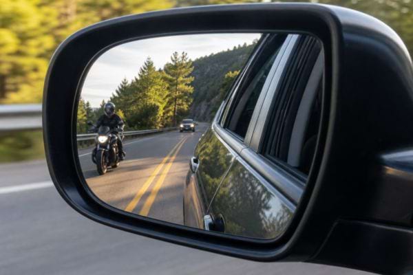 R&eacute;troviseur ext&eacute;rieur montrant une moto dans l&rsquo;angle mort pour illustrer l&rsquo;utilit&eacute; de la partie courb&eacute;e.