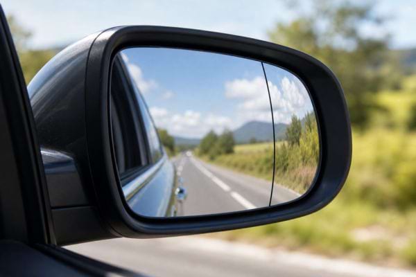 R&eacute;troviseur de voiture avec trait noir s&eacute;parant la partie plate et la partie courb&eacute;e du miroir.