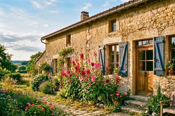 ne vieille maison de campagne en pierre, avec de majestueuses roses trémières roses
