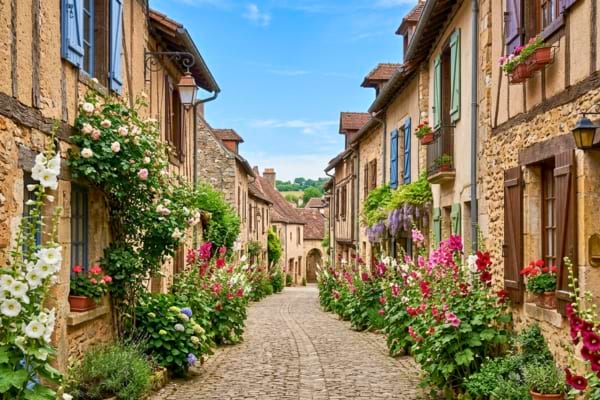 ruelle de village pittoresque avec un alignement de hautes roses trémières multicolores