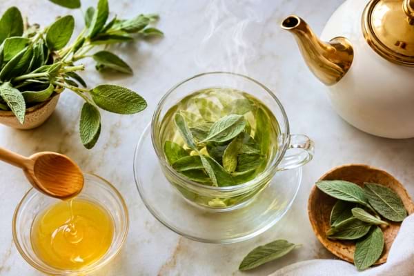 une tasse transparente contenant de l'eau chaude, des feuilles de sauge en train d'infuser