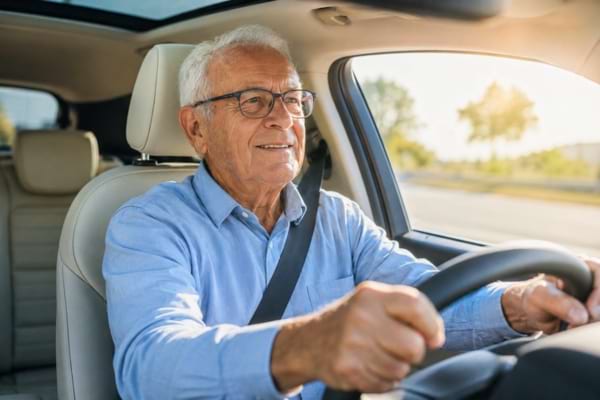 Un homme de 75 ans, souriant et confiant, au volant de sa voiture
