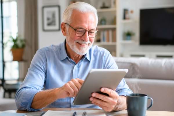 Un senior souriant utilisant une tablette tactile moderne pour consulter ses documents administratifs