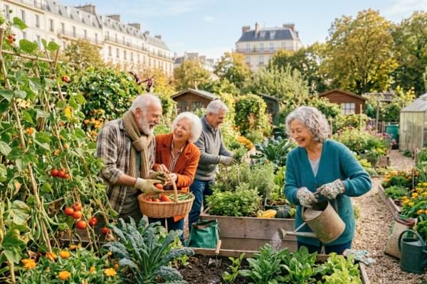 Un petit groupe de seniors actifs dans un jardin partagé luxuriant.