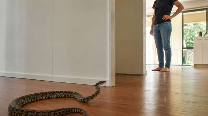 emme gardant ses distances face à un serpent dans son salon