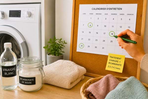 Calendrier d&rsquo;entretien avec vinaigre blanc et bicarbonate &agrave; c&ocirc;t&eacute;