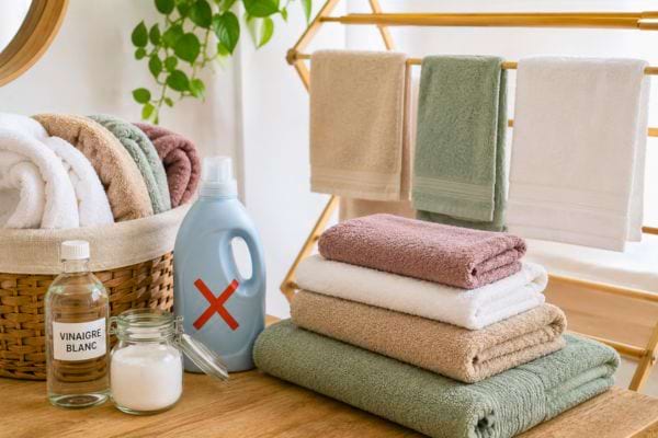Serviettes pli&eacute;es avec produits m&eacute;nagers pos&eacute;s sur une table